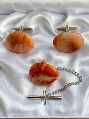 Vintage Cuff links / Tie Clip Pin Agate Semi-Precious Gemstones Artisan Made